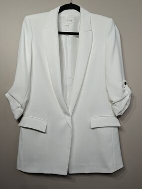 Zara White Longline Blazer with Rolled Sleeves and Shoulder Pads - XS
